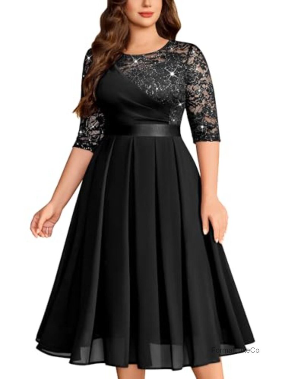 Plus Size Formal Wedding Guest Lace Sequin Midi Dress Pleated Chiffon